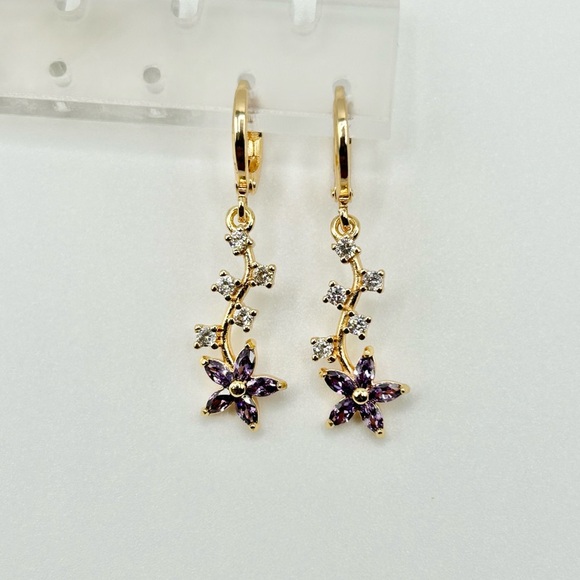 Floral Gold and Purple Dangle Earrings with Crystals-New! - Picture 2 of 5